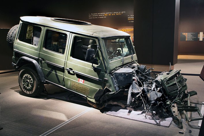 The remains of a CAF G-Wagon that struck an IED. The two passengers survived the explosion that blew the engine block over a hundred meters down the road. The vehicle is now on display at the Canadian War Museum.